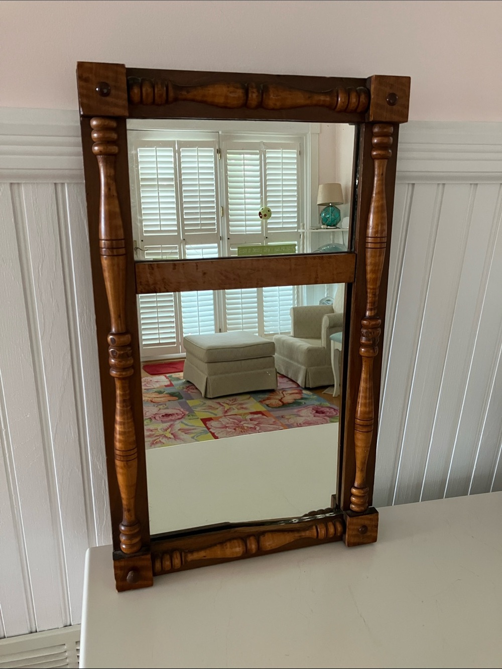 Vintage 19th Century Turned Wood Framed Mirror - Warm Brown